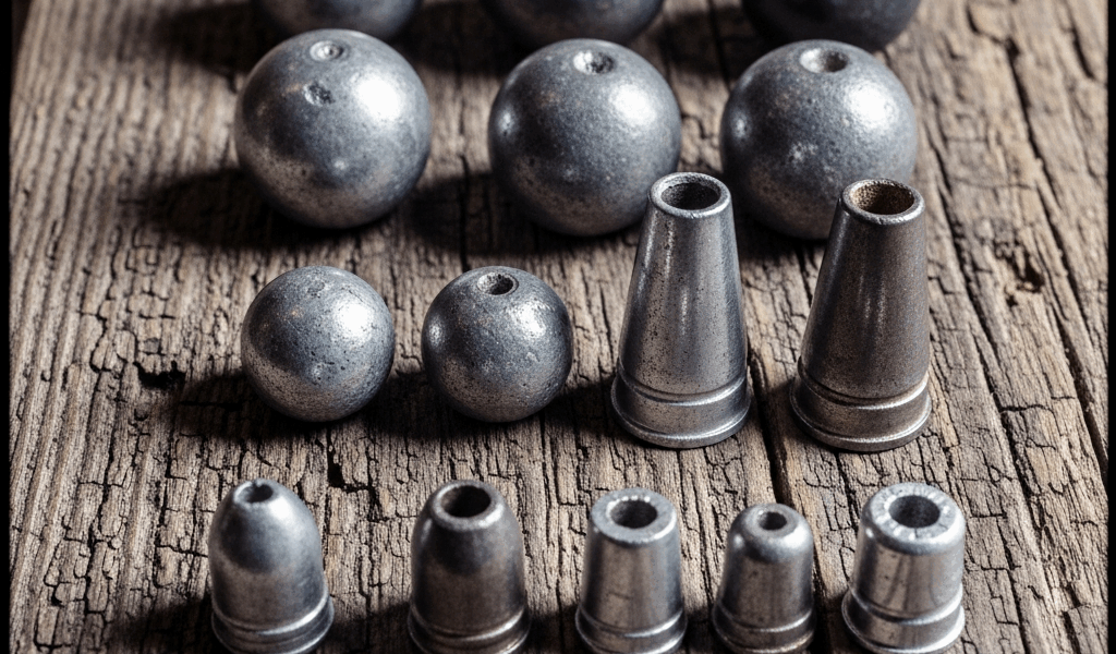Civil war era Minie balls and round musket balls arranged on weathered wood, military archaeology ph