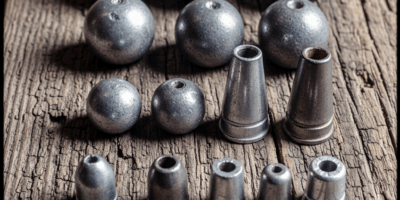 Civil war era Minie balls and round musket balls arranged on weathered wood, military archaeology ph