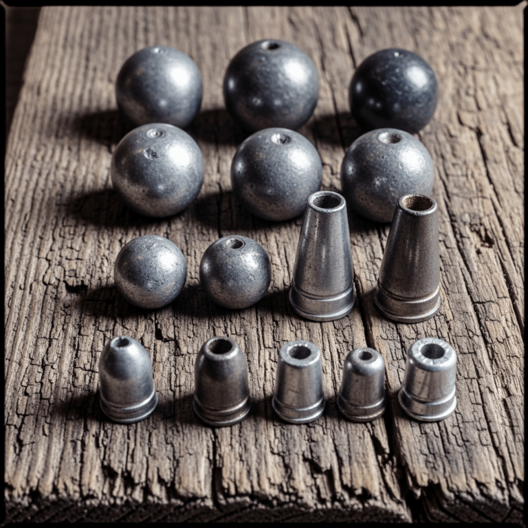 Civil war era Minie balls and round musket balls arranged on weathered wood, military archaeology ph
