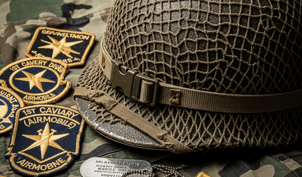 Vietnam War era military gear, helmet, patches, dog tags display