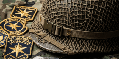 Vietnam War era military gear, helmet, patches, dog tags display