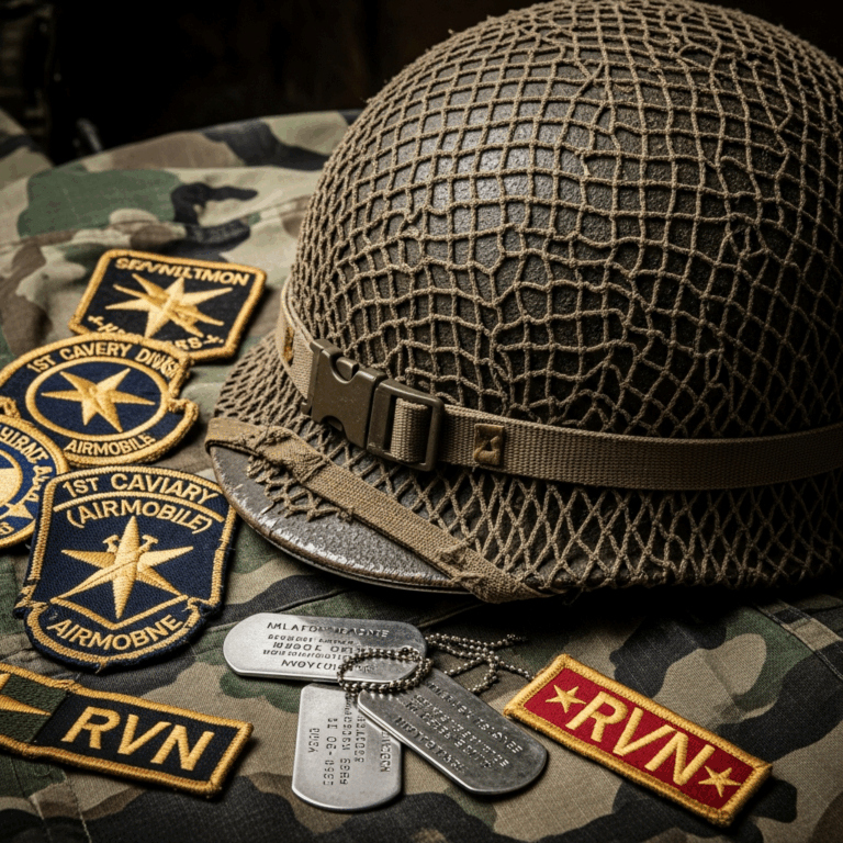 Vietnam War era military gear, helmet, patches, dog tags display